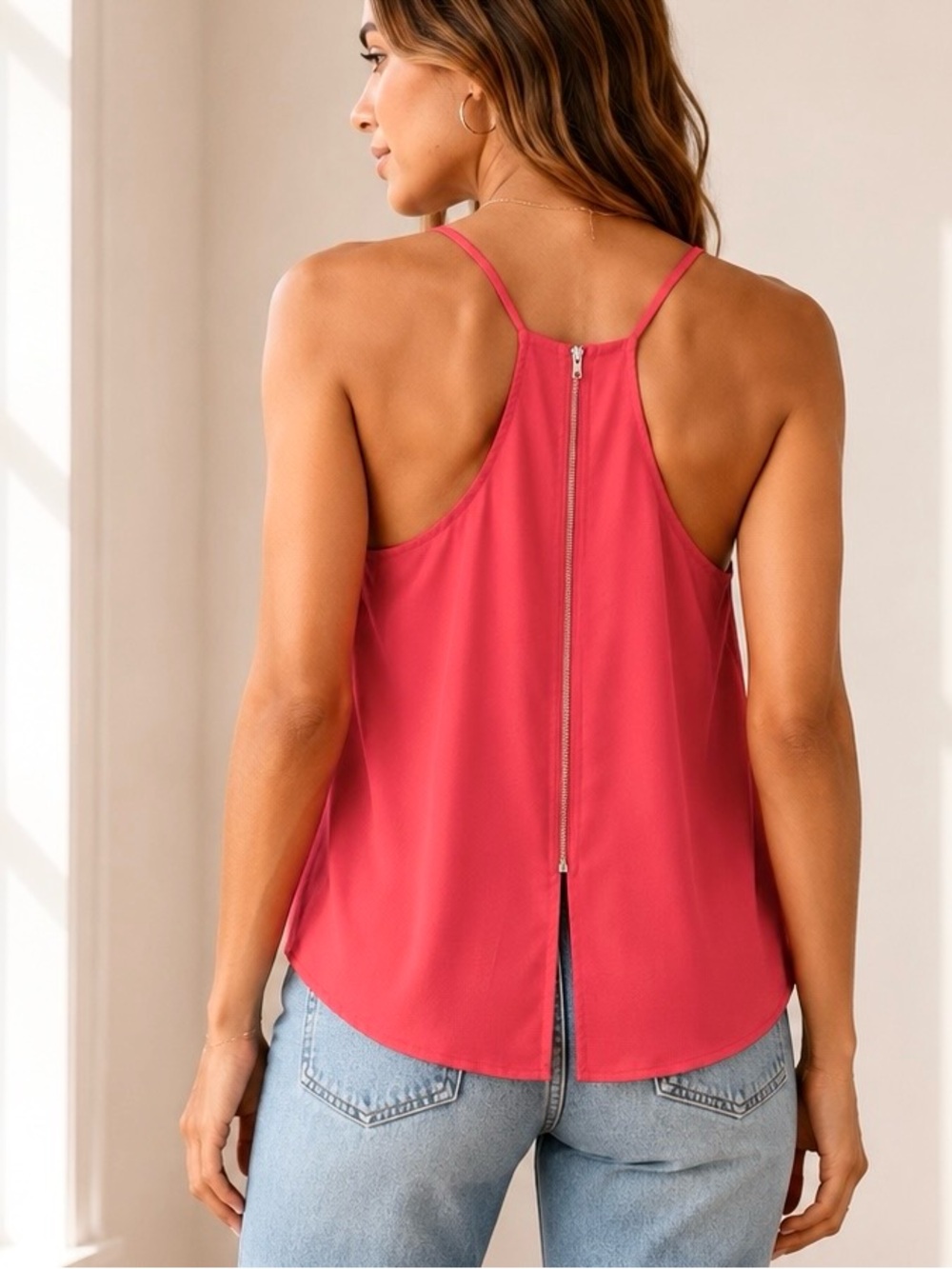 Active USA Neon Pink Flowy Cami Tank Exposed Back Zip Size S